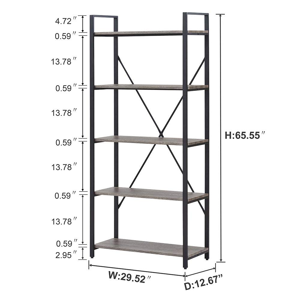 5 Tier Grey Wood and Metal Bookshelf M602460