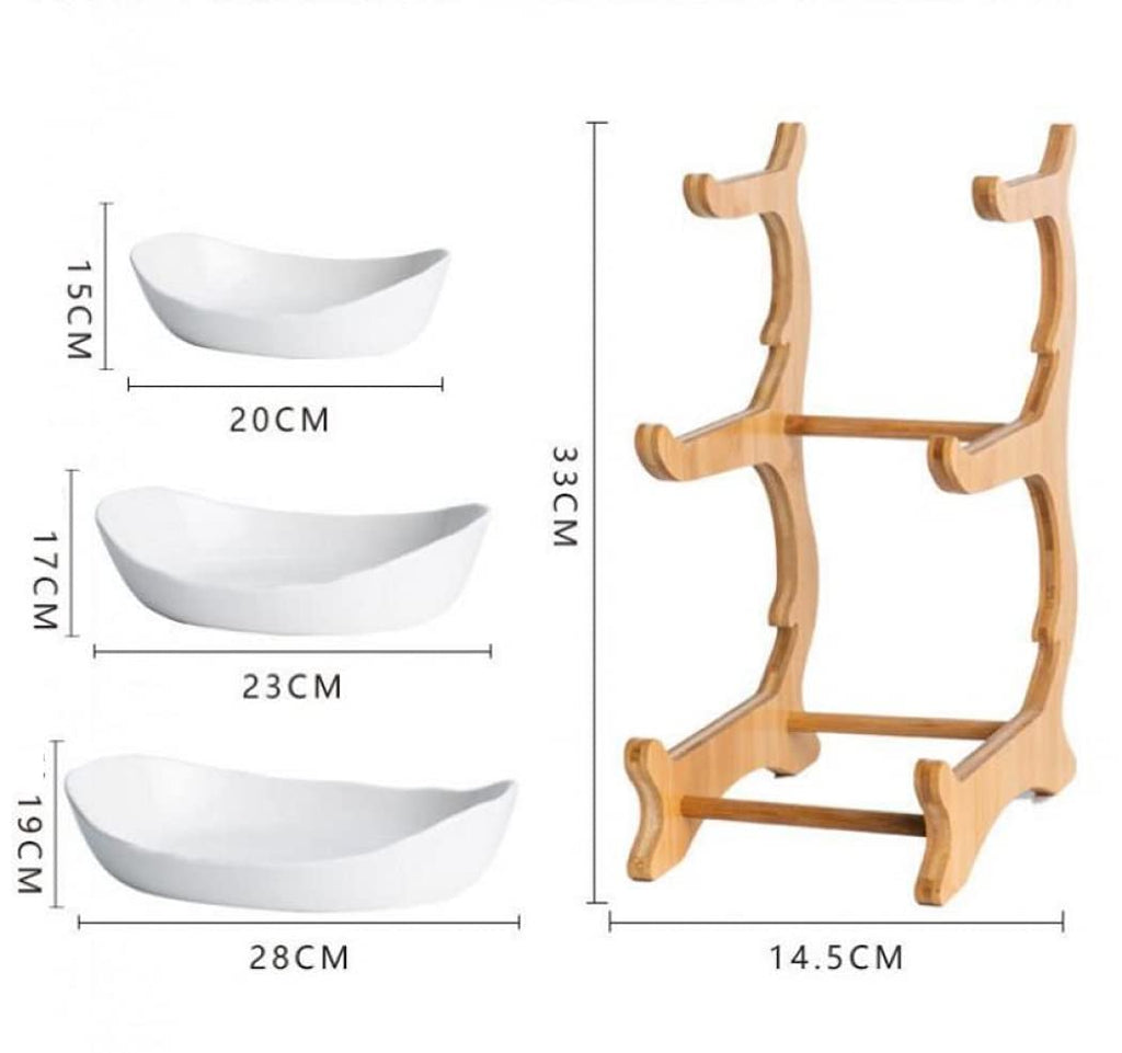 3-Tier Ceramic Fruit Basket with Bamboo Tray D752