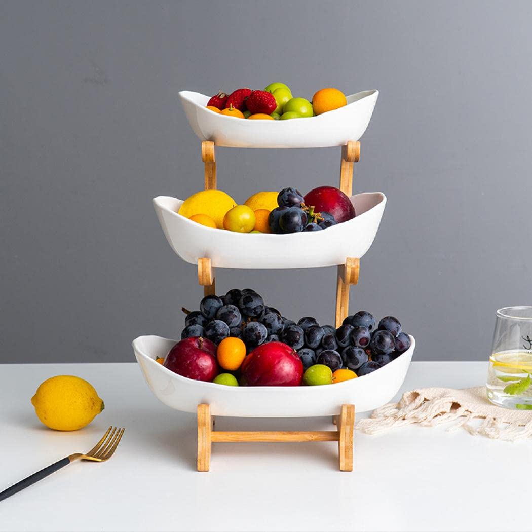 3-Tier Ceramic Fruit Basket with Bamboo Tray D752