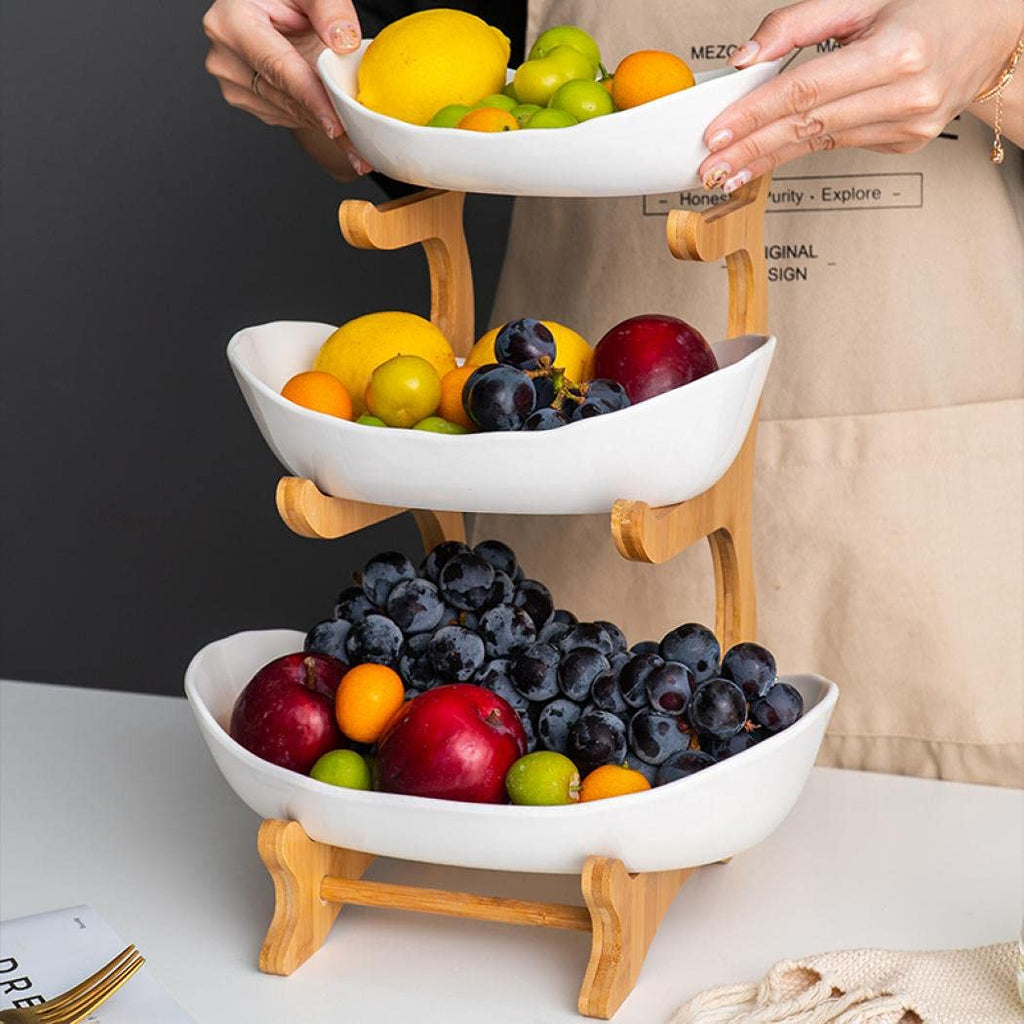 3-Tier Ceramic Fruit Basket with Bamboo Tray D752