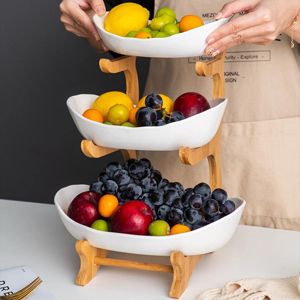 3-Tier Ceramic Fruit Basket with Bamboo Tray D752