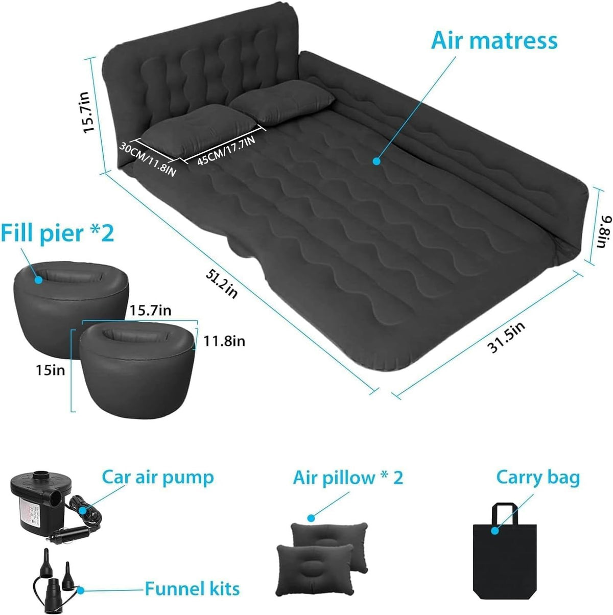 Black Car Air Mattress with Electric Pump L872507