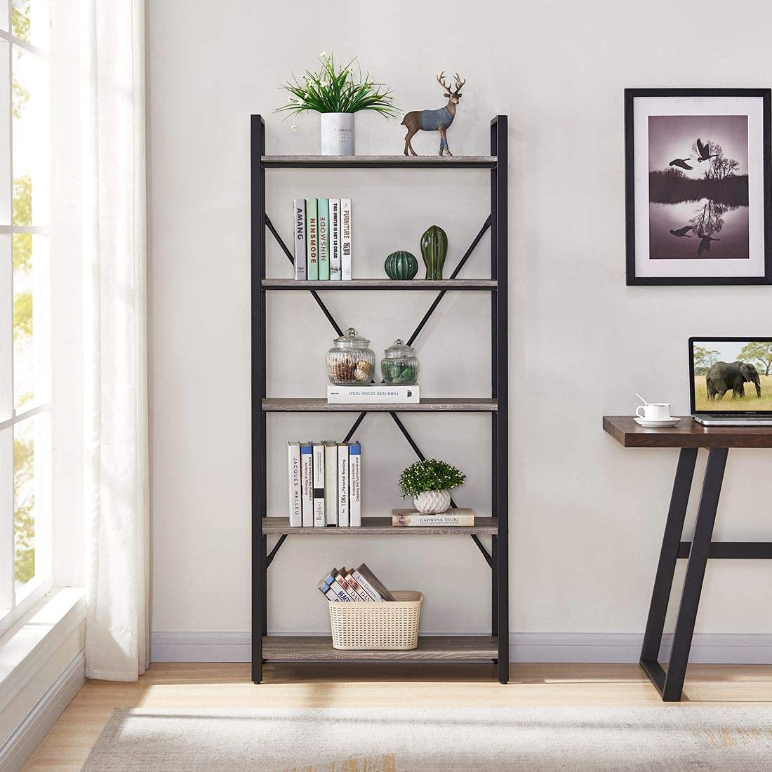 5 Tier Grey Wood and Metal Bookshelf M602460