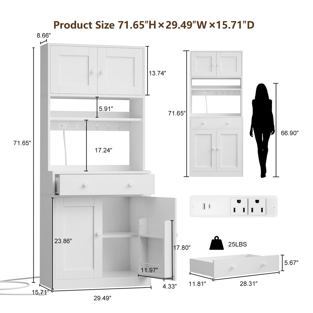 71" Tall White Kitchen Pantry Cabinet with Microwave Countertop X72067