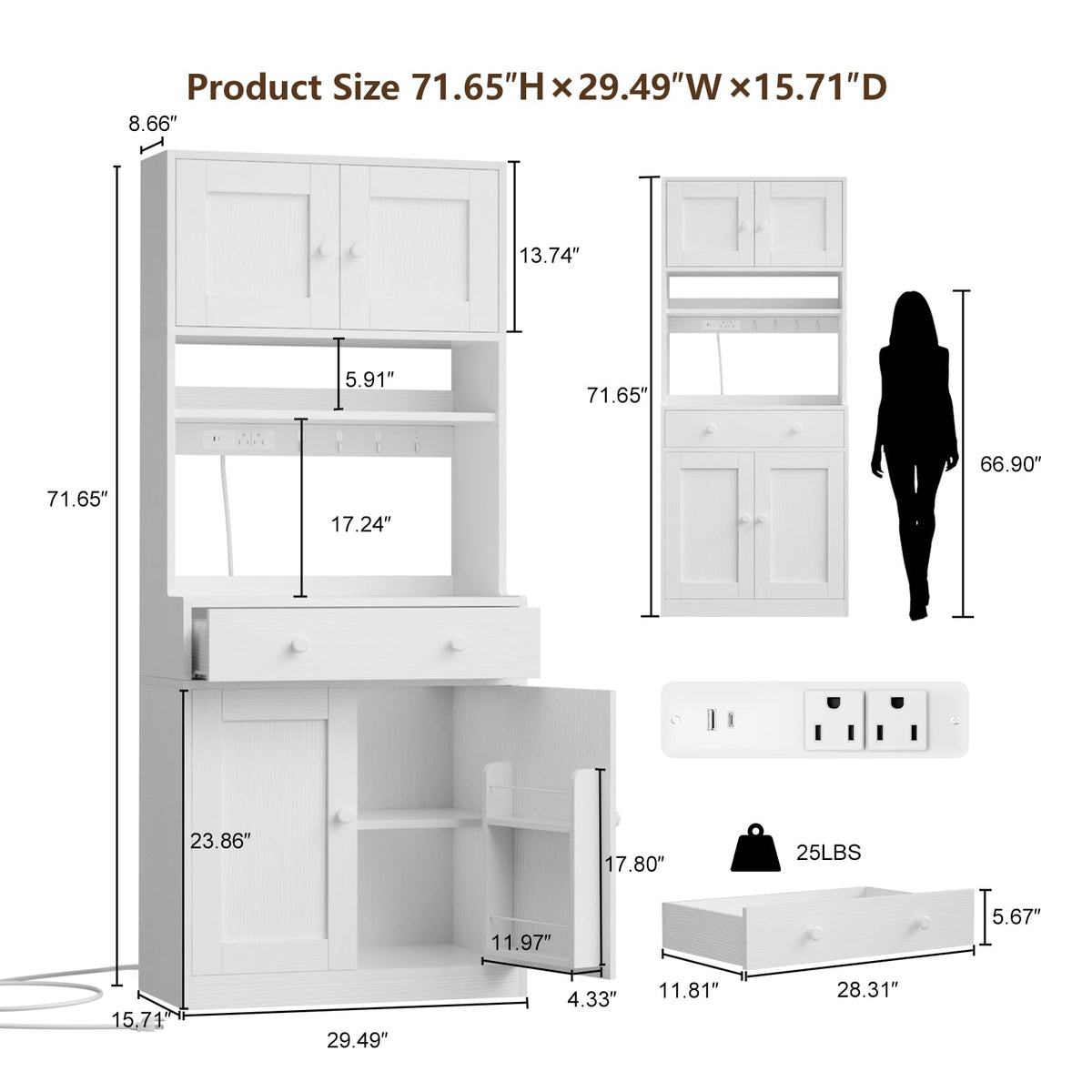 71" Tall White Kitchen Pantry Cabinet with Microwave Countertop X72067