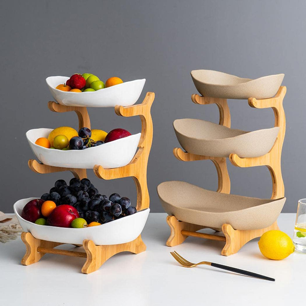 3-Tier Ceramic Fruit Basket with Bamboo Tray D752