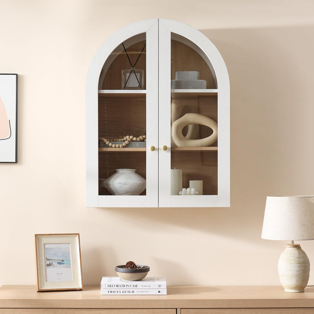 White Arched Wall Mount Bathroom Cabinet with Glass Doors S227