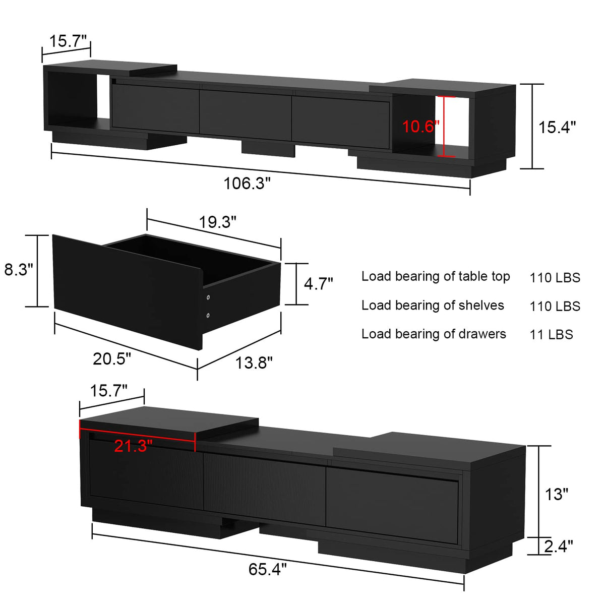 Expandable TV Stand Media Console Table with Three Drawers and Two Open Shelves H3297