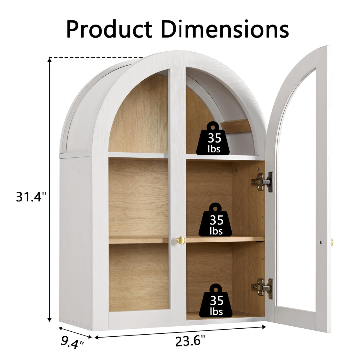 White Arched Wall Mount Bathroom Cabinet with Glass Doors S227
