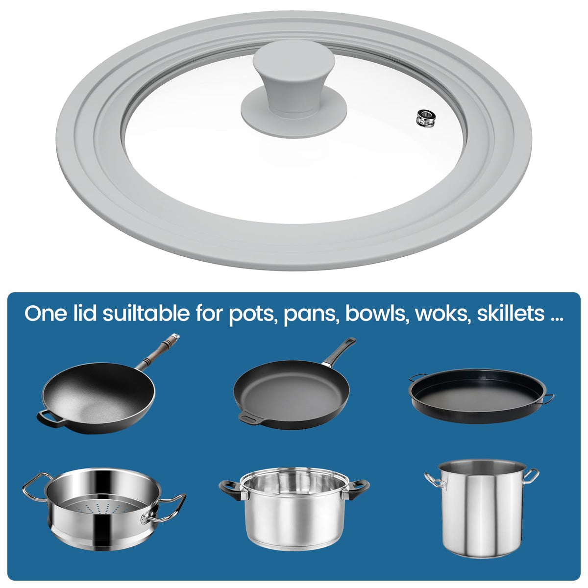 Tempered Glass Universal Lid with Silicone Rim Fits 8" 9" 9.5" Cookware N123520