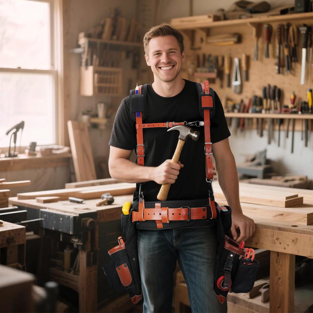 Top-Grain Leather Tool Belt With Suspenders G2267
