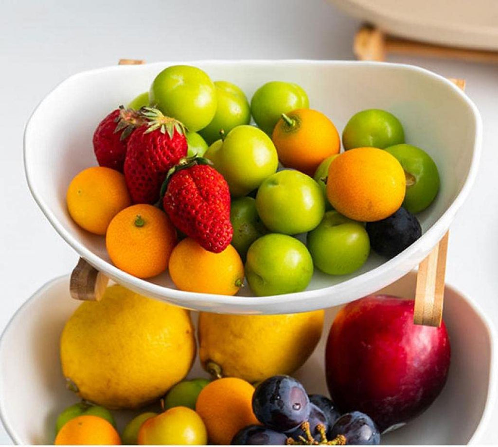 3-Tier Ceramic Fruit Basket with Bamboo Tray D752
