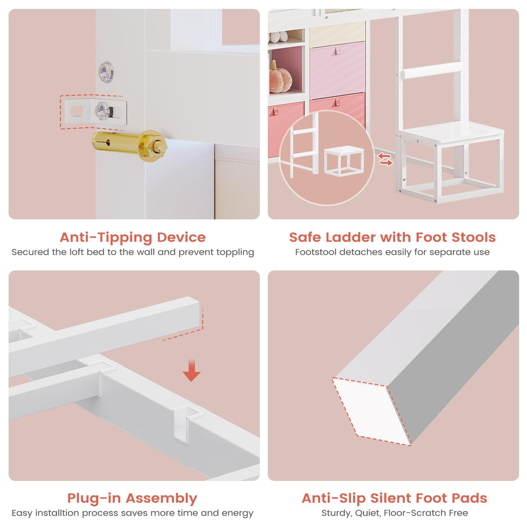 Twin Size Low Loft Bed with 9 Storage Drawers and Guardrail V54234