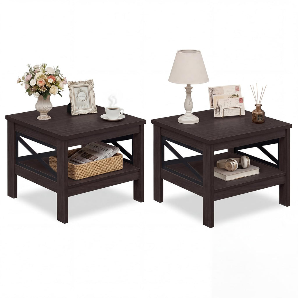 2-Tier Square End Table Set of 2 with Storage Shelf Q427