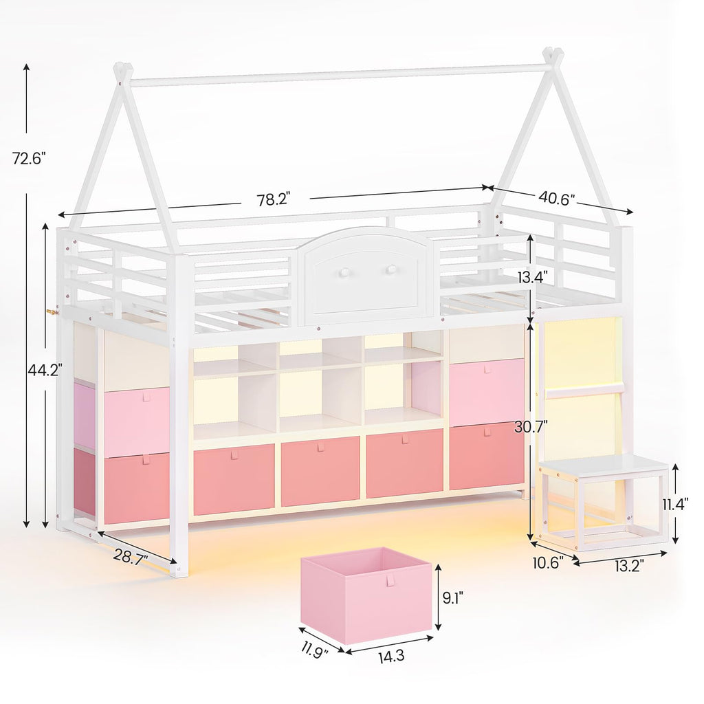 Twin Size Low Loft Bed with 9 Storage Drawers and Guardrail V54234