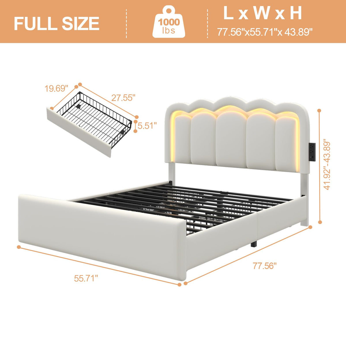 White Full Bed Frame with 4 Storage Drawers L135