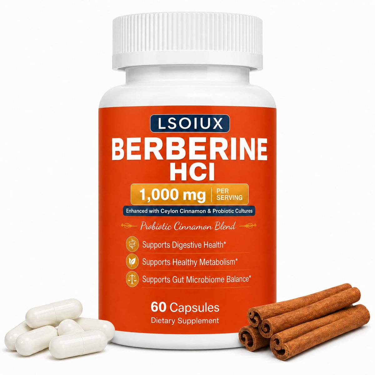 Berberine HCl 1000 mg with Ceylon Cinnamon and Probiotic, 60 Capsules D848
