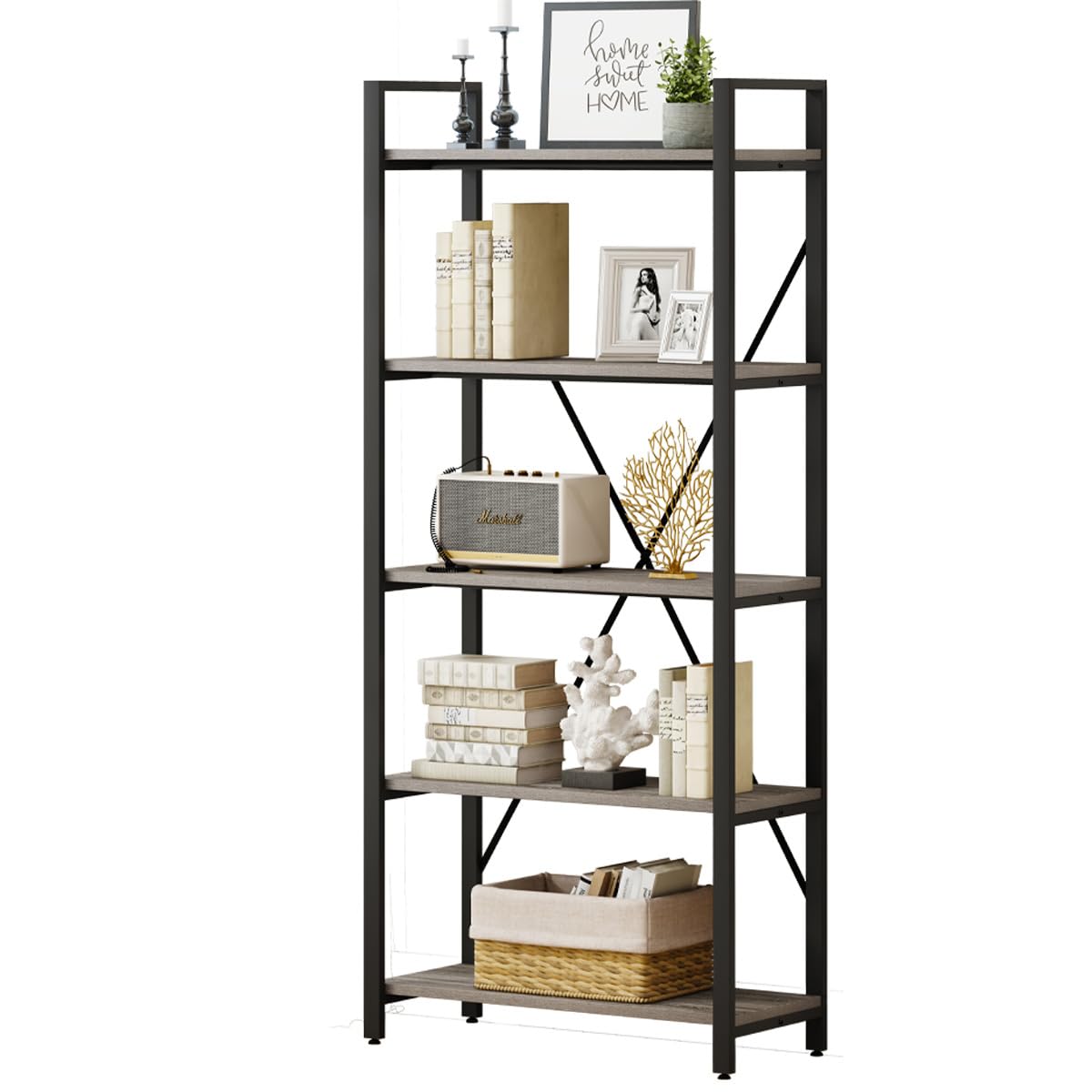 5 Tier Grey Wood and Metal Bookshelf M602460