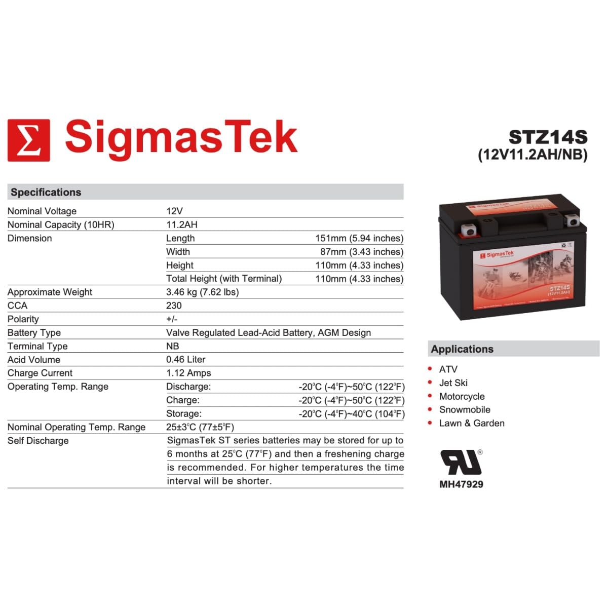 Sealed Lead Acid AGM Motorcycle Battery F69249