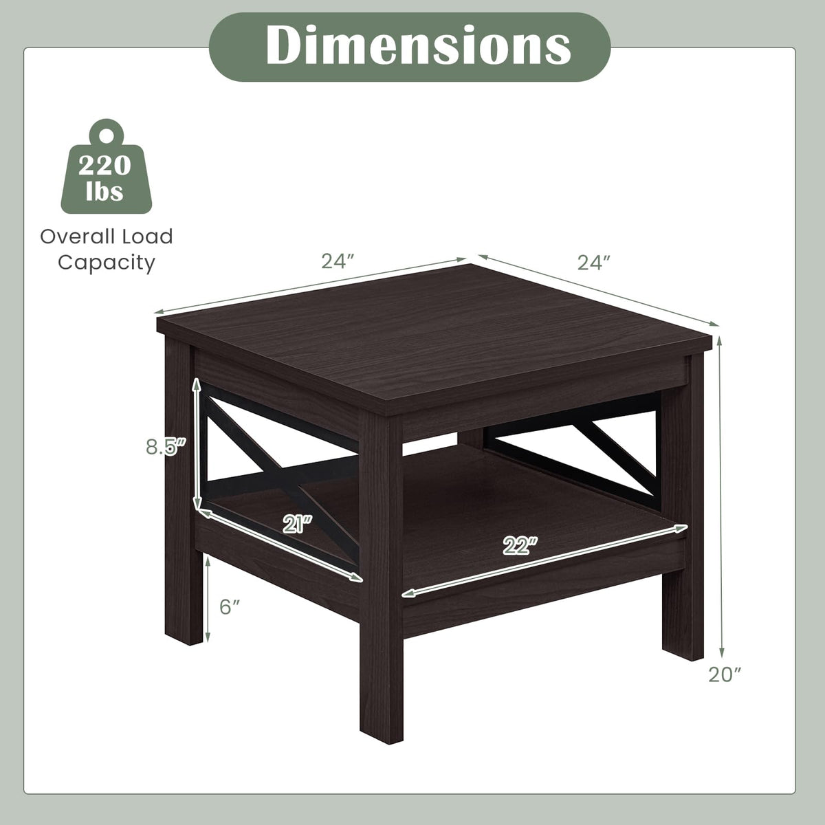 2-Tier Square End Table Set of 2 with Storage Shelf Q427