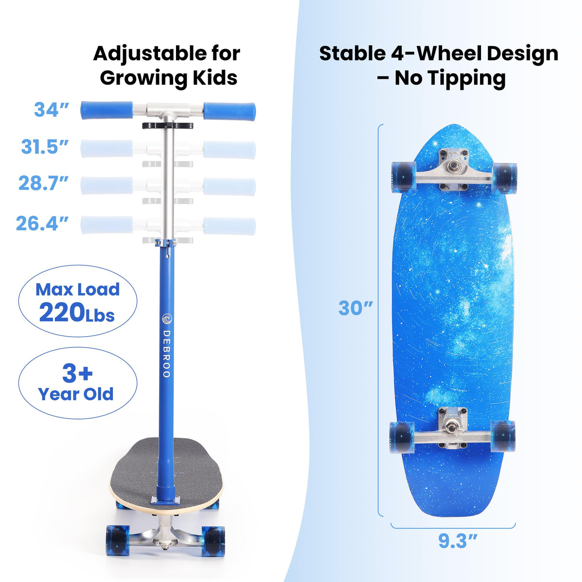 2-in-1 Kids Skateboard & Scooter with LED Light-Up Wheels, Adjustable Height, Blue T4634