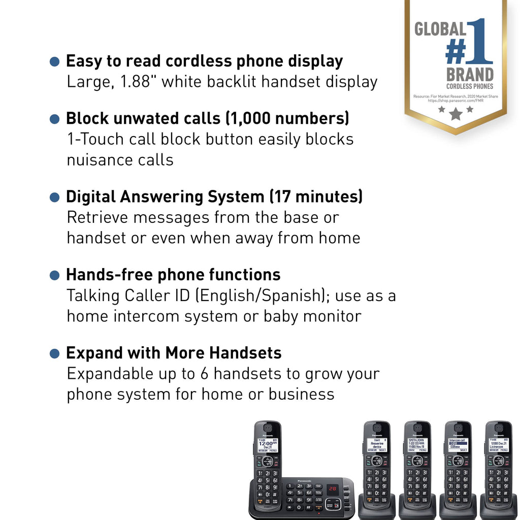 Metallic Black 5 Handset Cordless Phone System with Answering Machine N445