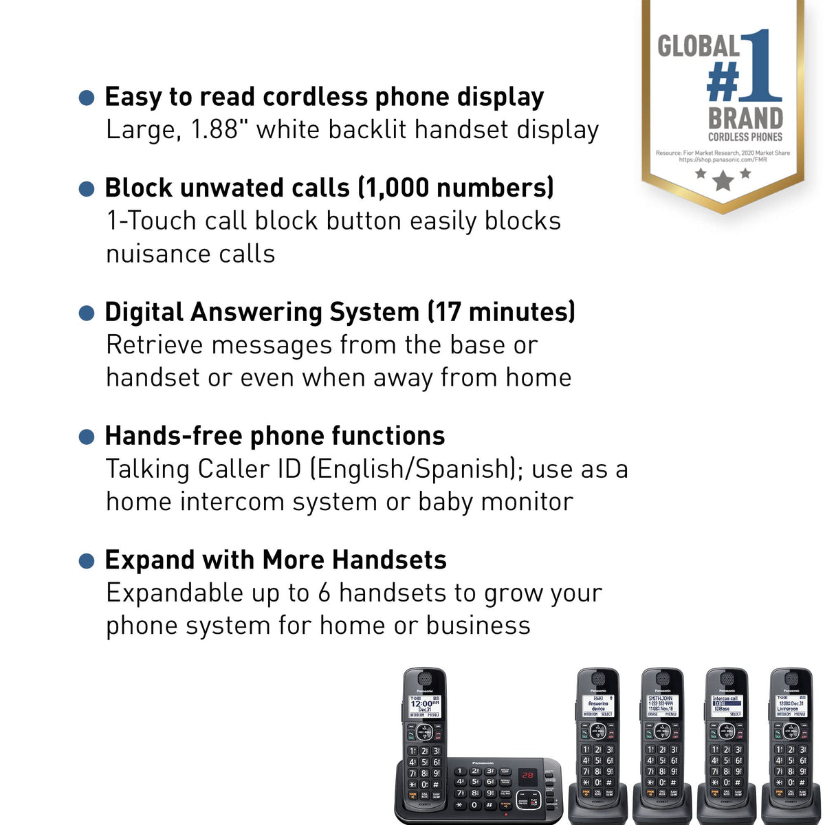 Metallic Black 5 Handset Cordless Phone System with Answering Machine N445