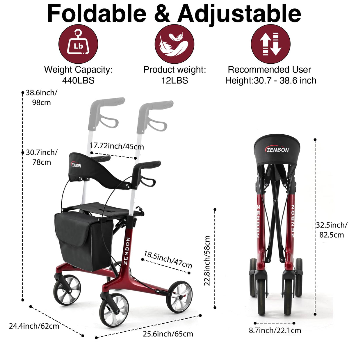 Foldable Rolling Walker with Seat 440 lbs Capacity O75323