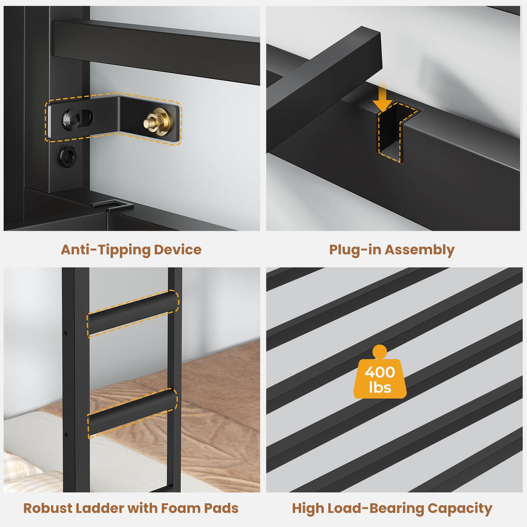 Twin Over Twin Bunk Bed with 8 Storage Drawers and Power Outlets, LED Metal Bunk Bed with Ladder, Black D68473