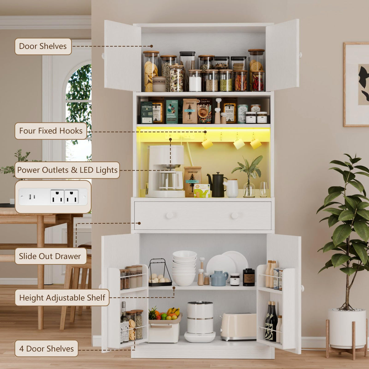 71" Tall White Kitchen Pantry Cabinet with Microwave Countertop X72067