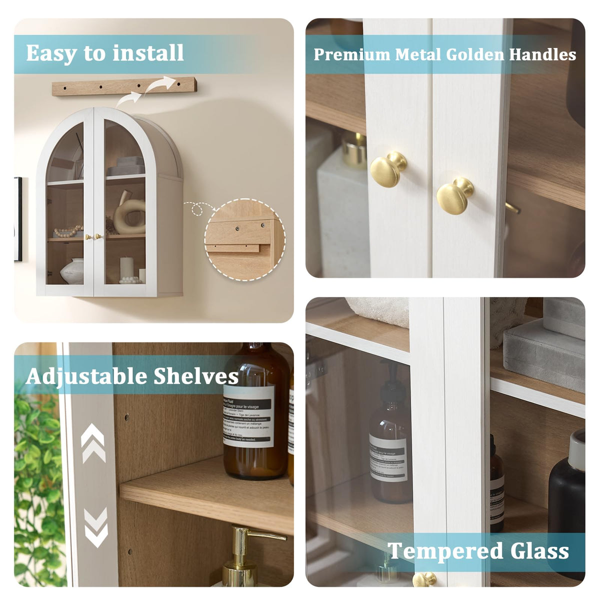 White Arched Wall Mount Bathroom Cabinet with Glass Doors S227