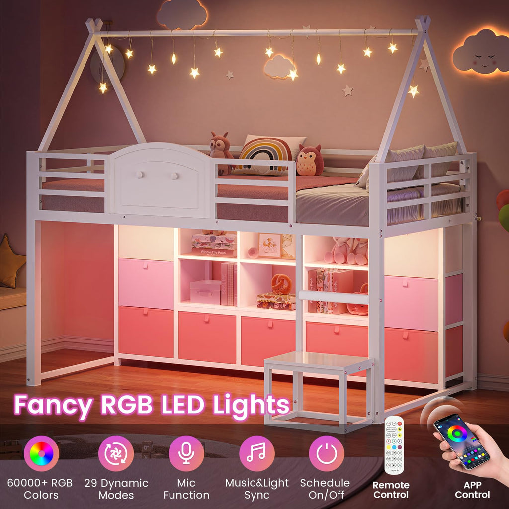 Twin Size Low Loft Bed with 9 Storage Drawers and Guardrail V54234