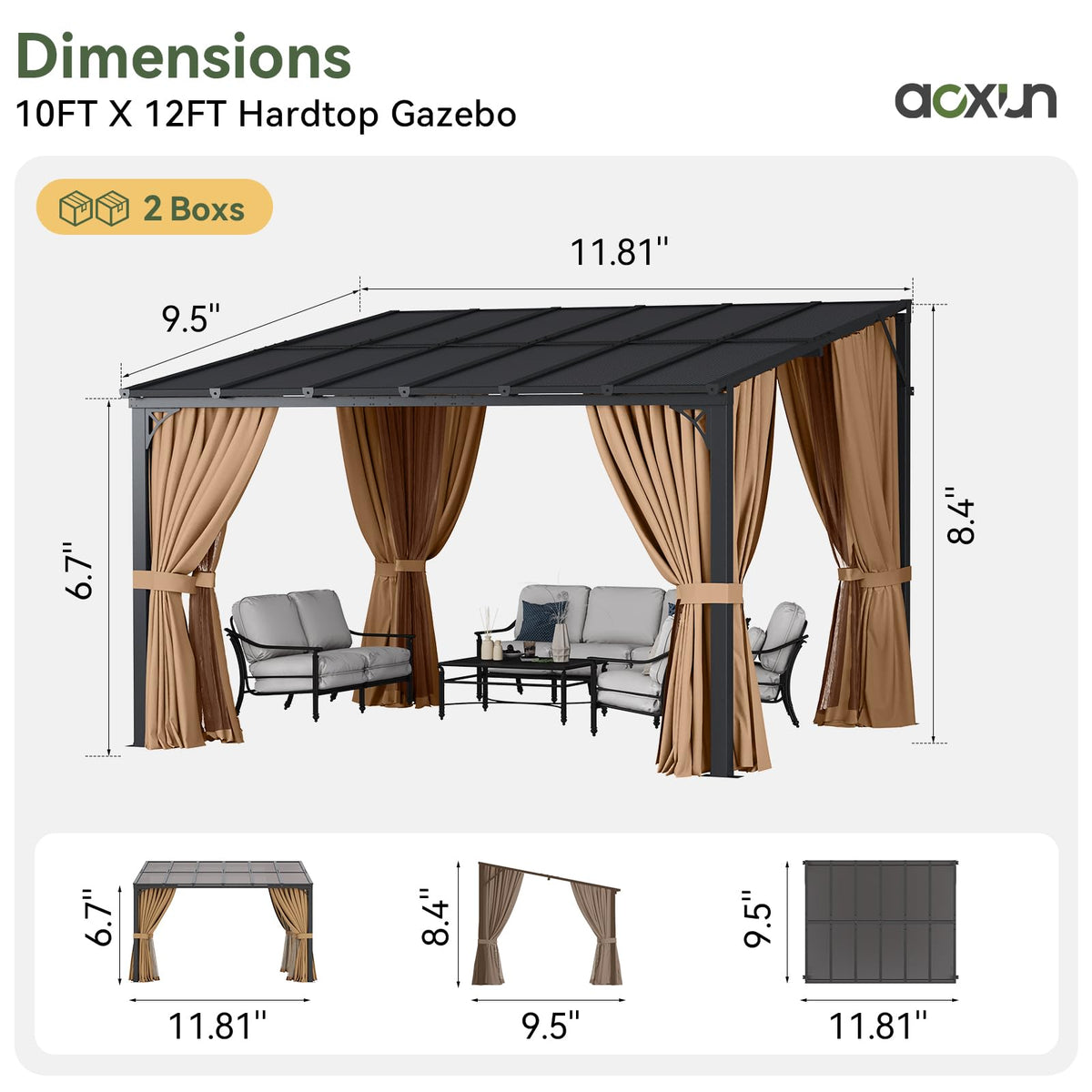 12'x10' Lean to Gazebo with Mosquito Net and Curtains, Brown T877