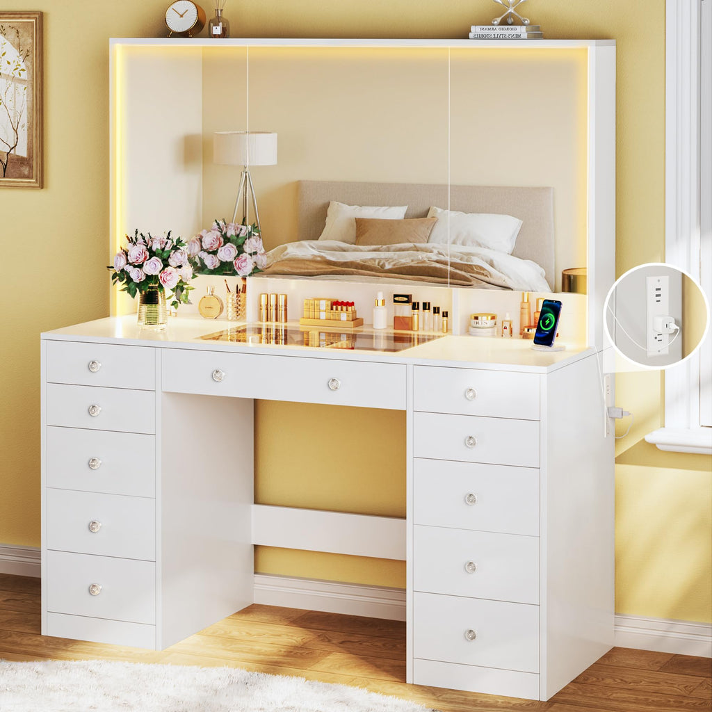 White Vanity Desk with Mirror and Lights C17417