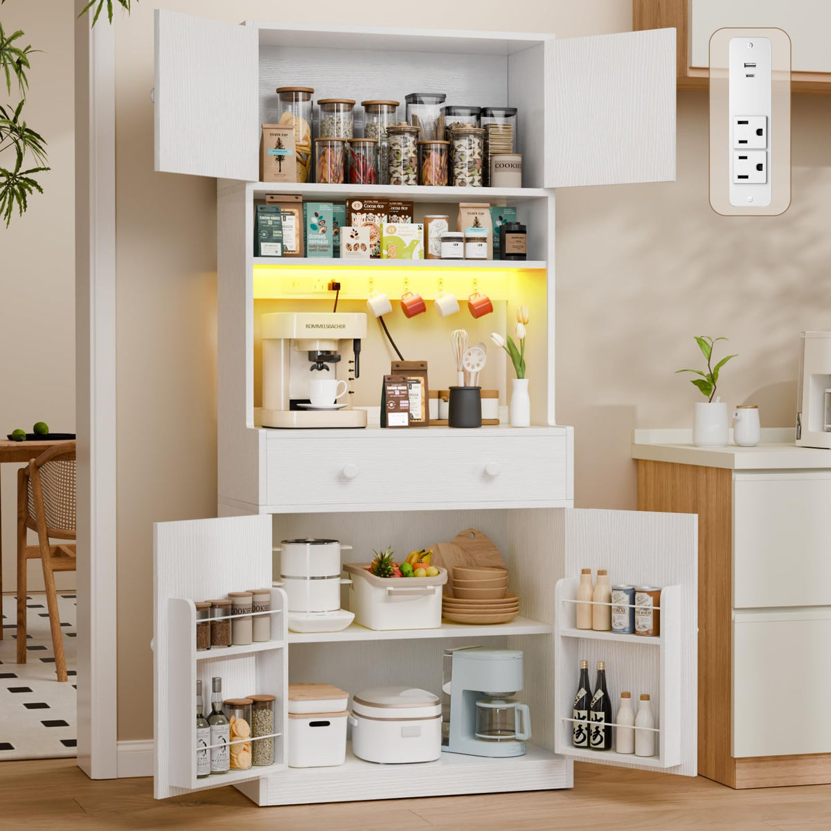 71" Tall White Kitchen Pantry Cabinet with Microwave Countertop X72067