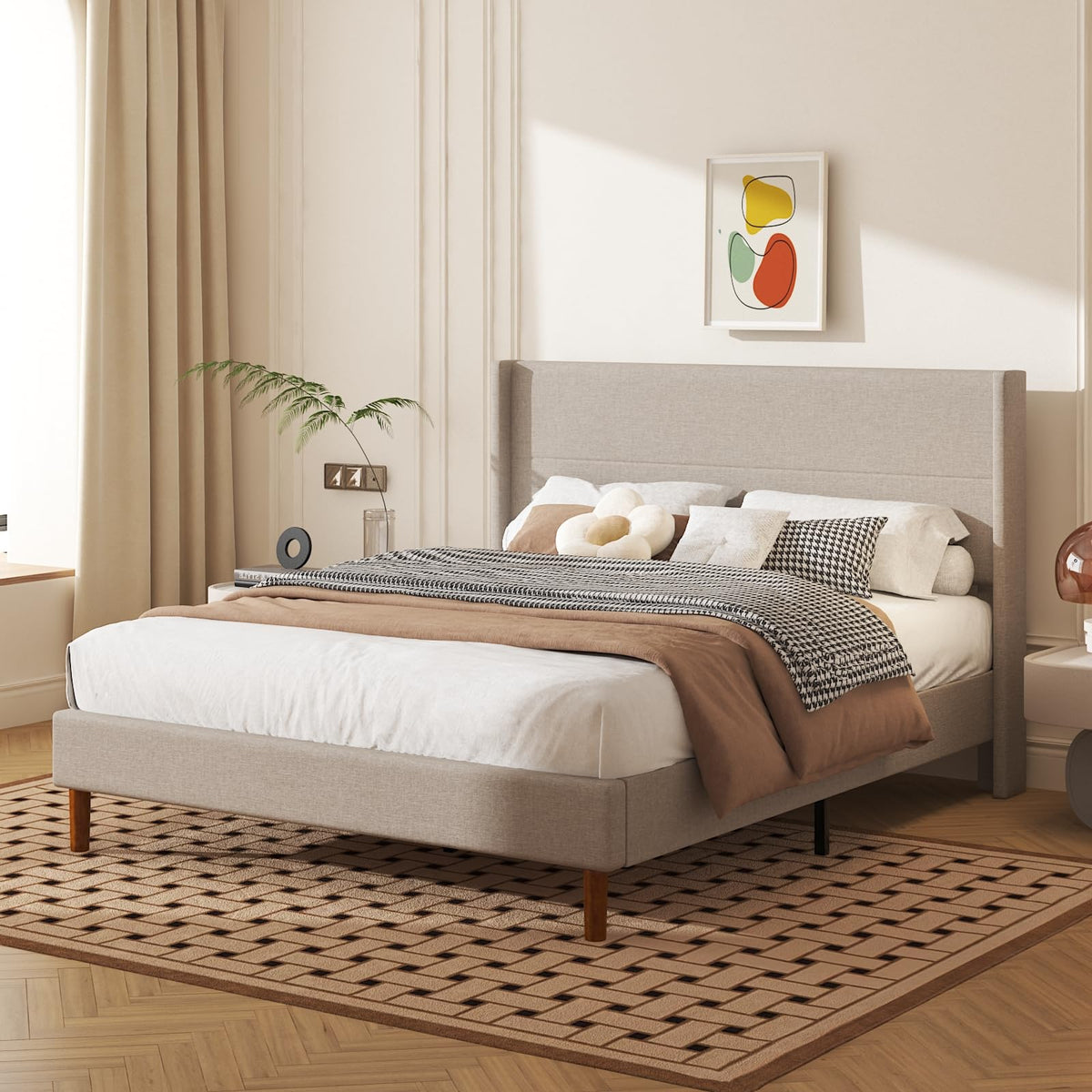 Queen Size Linen Platform Bed Frame with Wingback Headboard K3950