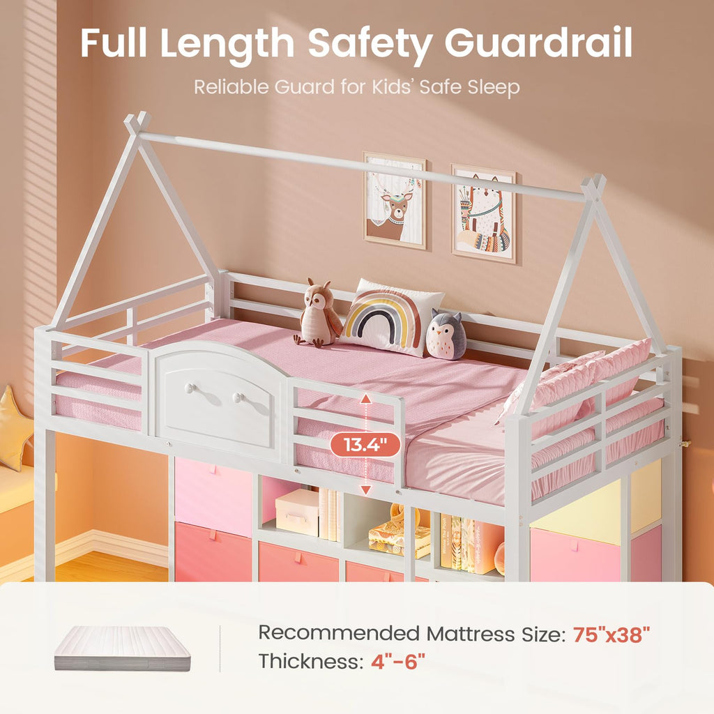 Twin Size Low Loft Bed with 9 Storage Drawers and Guardrail V54234