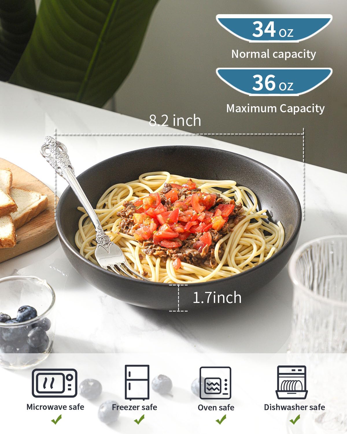 34 oz Stoneware Pasta Bowls Set of 4, Matte Black M5138