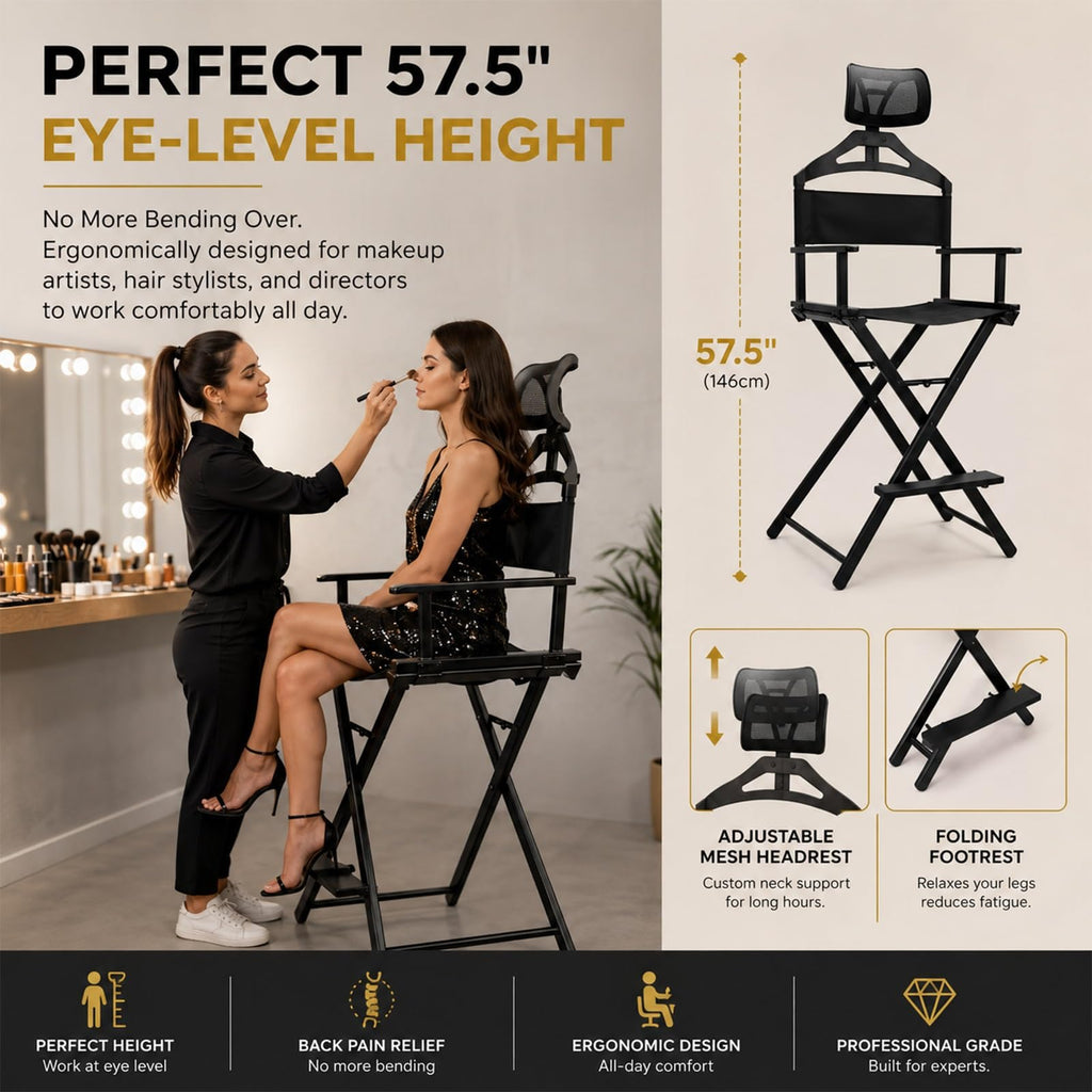 Gold Portable Collapsible Tall Makeup Artist Chair with Head Rest G2897