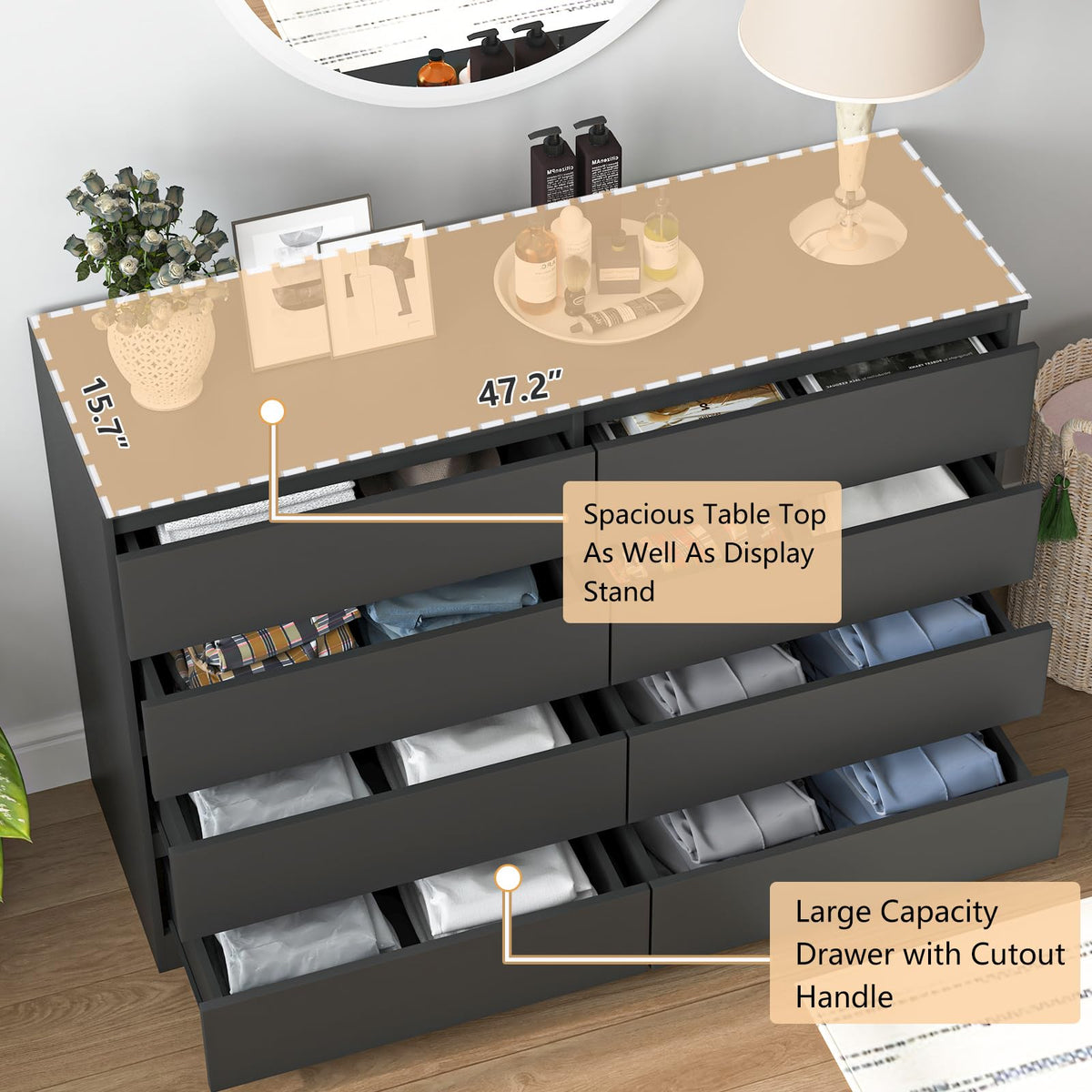 Black 8 Drawer Double Dresser F437