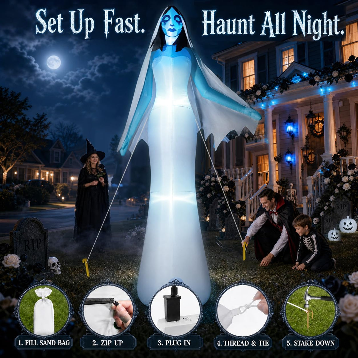 12FT Halloween Inflatable Ghost Bride with Blue LEDs S344