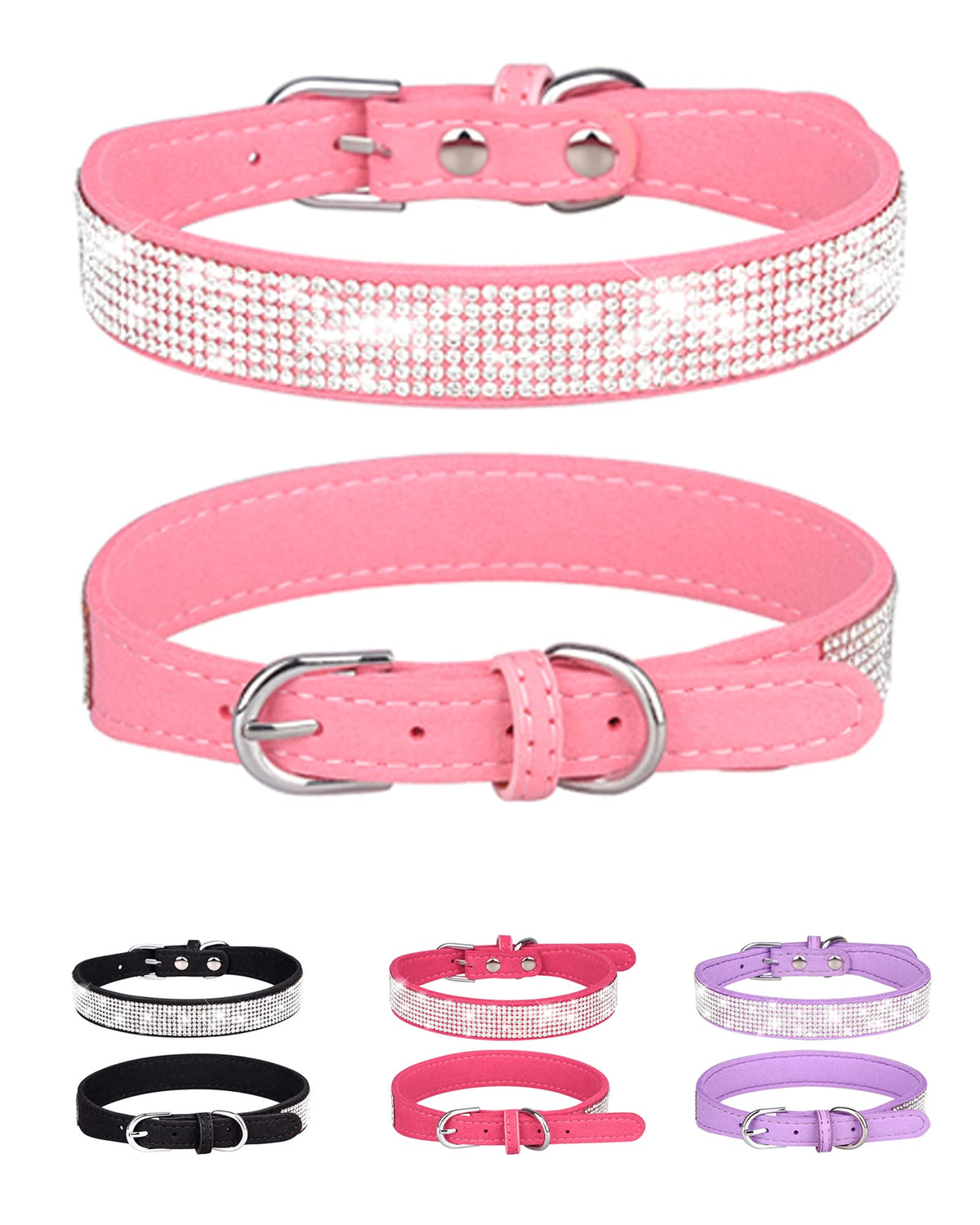 Pink Adjustable Leather Suede Rhinestone Dog Collar O814