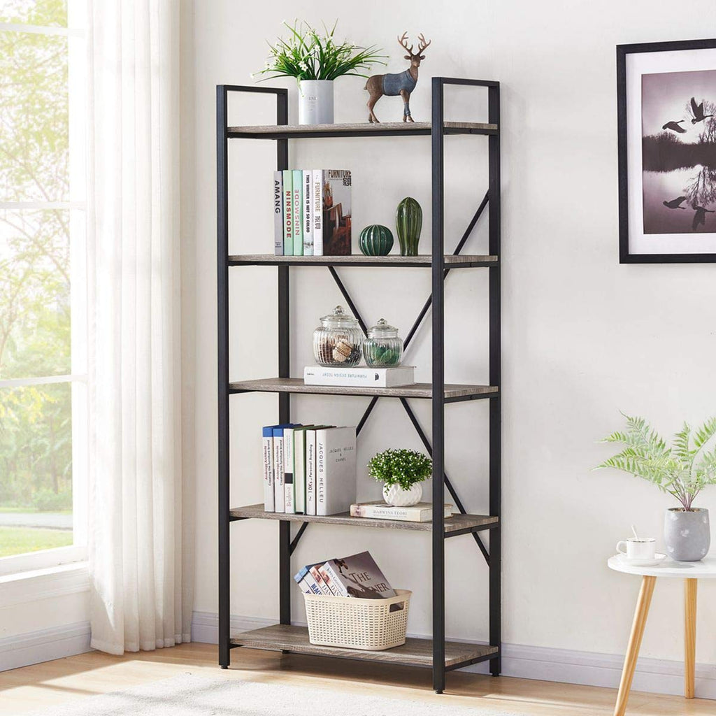5 Tier Grey Wood and Metal Bookshelf M602460