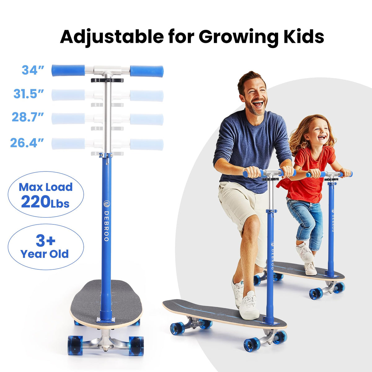 2-in-1 Kids Skateboard & Scooter with LED Light-Up Wheels, Adjustable Height, Blue T4634