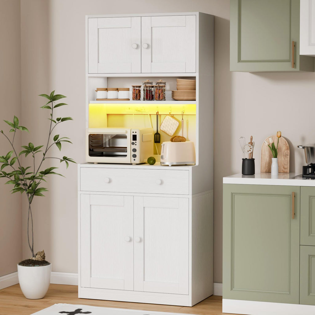 71" Tall White Kitchen Pantry Cabinet with Microwave Countertop X72067