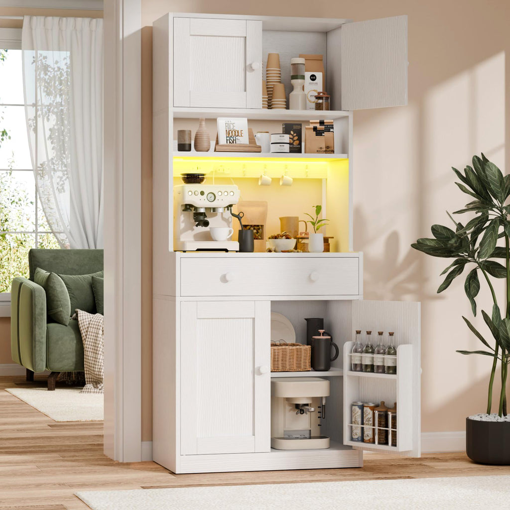 71" Tall White Kitchen Pantry Cabinet with Microwave Countertop X72067