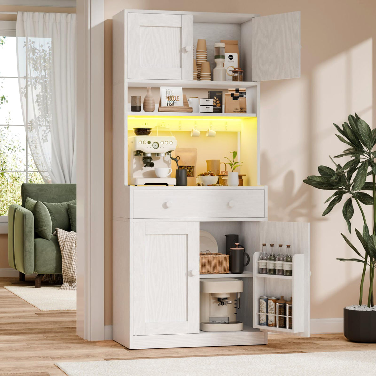 71" Tall White Kitchen Pantry Cabinet with Microwave Countertop X72067