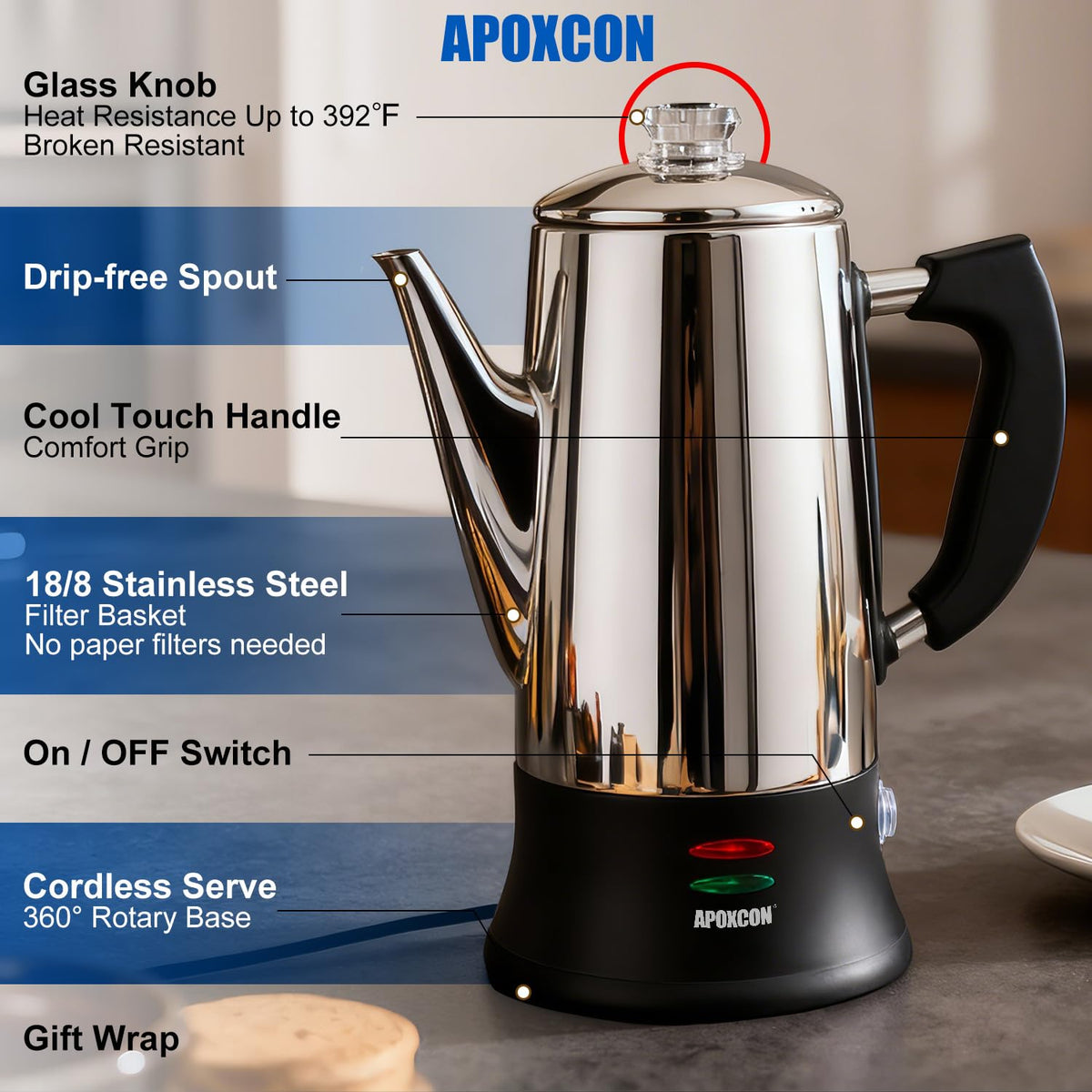 Electric Stainless Steel Coffee Percolator 12 Cup R112