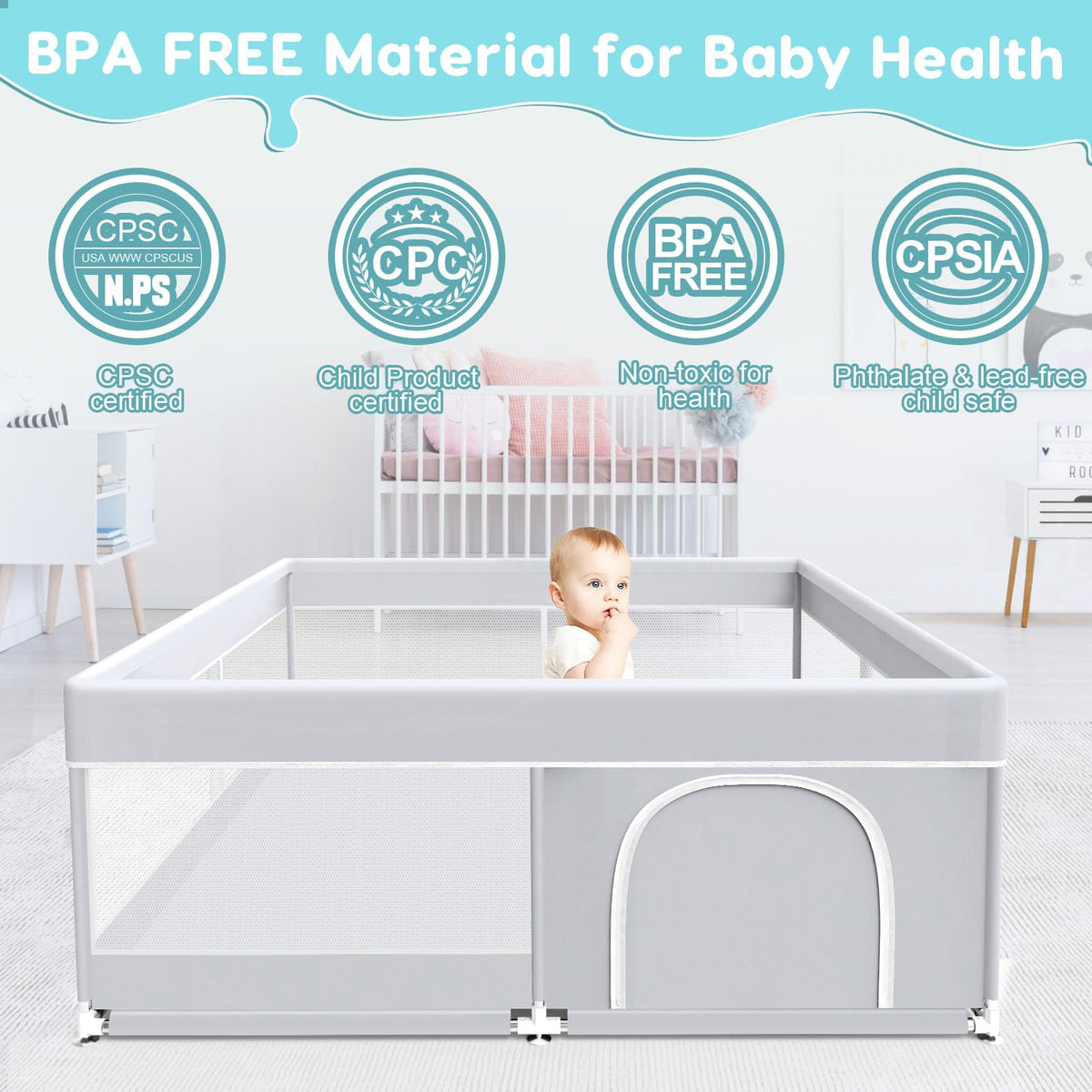 50x50 Inch Grey Baby Playpen with Mesh T396