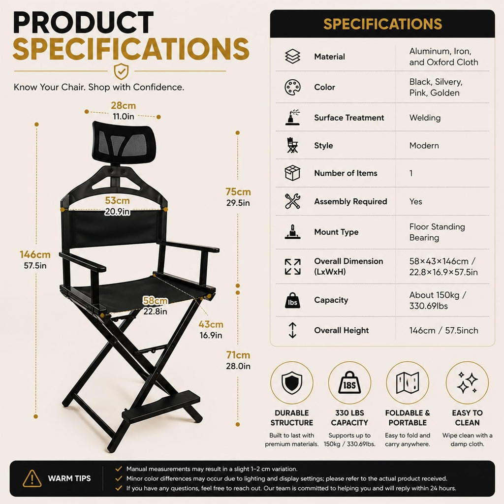 Gold Portable Collapsible Tall Makeup Artist Chair with Head Rest G2897